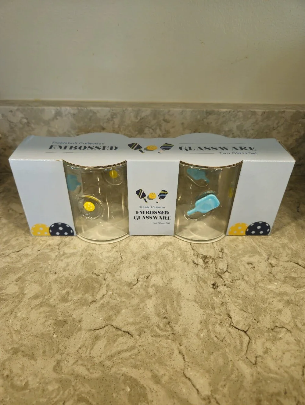 Pickleball Embossed Set Of Two Drinking Glasses NEW IN PACKAGING ADORABLE SET